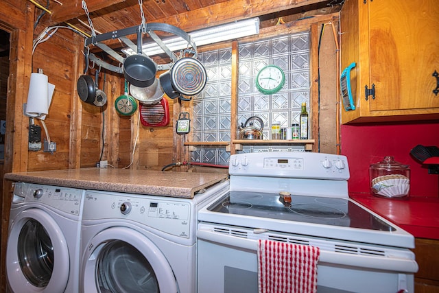 106 Shady Ln, Parsonsfield, ME 04047 - kitchen with white range with electric cooktop, washing machine and dryer, and wood walls