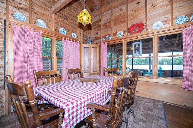 106 Shady Ln, Parsonsfield, ME 04047 - dining room with wood walls and a high ceiling