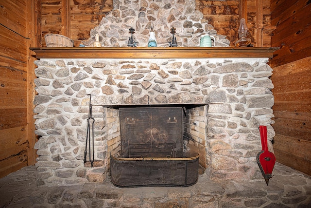 106 Shady Ln, Parsonsfield, ME 04047 - detailed view of wooden walls and a stone fireplace