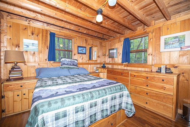 106 Shady Ln, Parsonsfield, ME 04047 - bedroom featuring wood ceiling with exposed beams, wood walls, and wood-type flooring