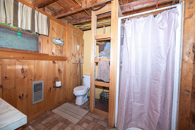 106 Shady Ln, Parsonsfield, ME 04047 - full bath with toilet, heating unit, a shower with shower curtain, and brick patterned flooring
