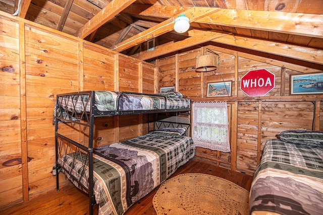106 Shady Ln, Parsonsfield, ME 04047 - bedroom with lofted ceiling, wood-type flooring, wooden walls, and wood ceiling