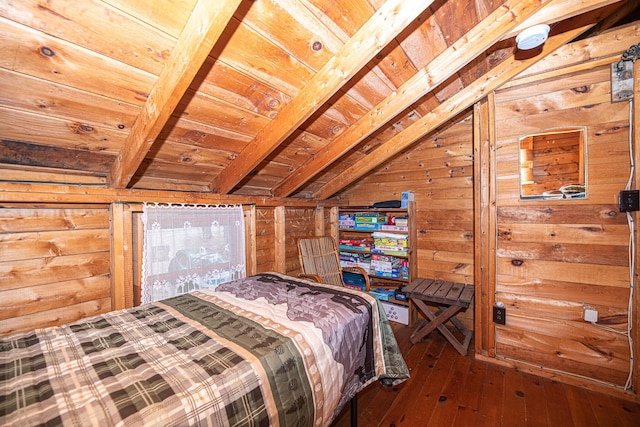 106 Shady Ln, Parsonsfield, ME 04047 - bedroom featuring wood walls, wooden ceiling, and hardwood / wood-style flooring