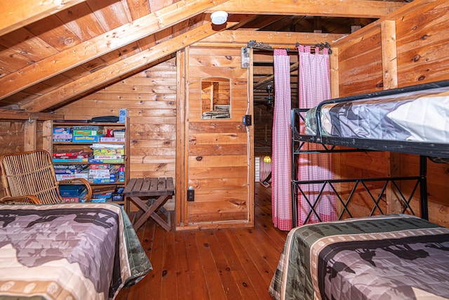 106 Shady Ln, Parsonsfield, ME 04047 - bedroom with lofted ceiling, wooden walls, wood-type flooring, and wooden ceiling