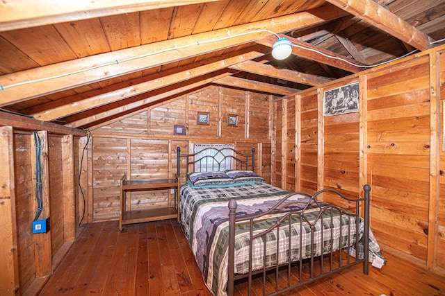 106 Shady Ln, Parsonsfield, ME 04047 - bedroom with wooden walls, vaulted ceiling, wood-type flooring, and wooden ceiling