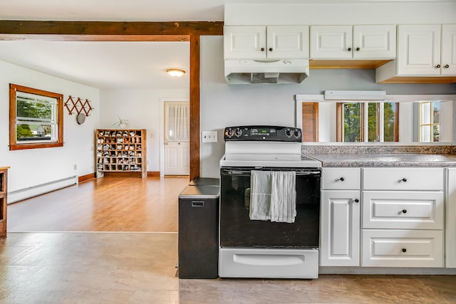 kitchen featuring range with electric stovetop, baseboard heating, under cabinet range hood, and white cabinetry