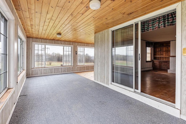 unfurnished sunroom featuring wood ceiling, wood walls, and carpet