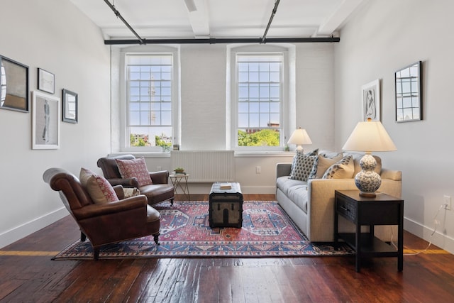 2 Main St Unit 17-410, Biddeford, ME 04005 - sitting room with radiator, wood-type flooring, baseboards, and beamed ceiling