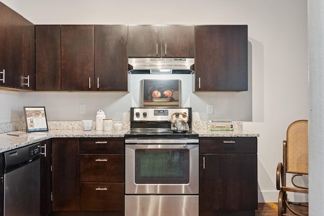 2 Main St Unit 17-410, Biddeford, ME 04005 - kitchen featuring extractor fan, appliances with stainless steel finishes, dark brown cabinets, and light stone countertops