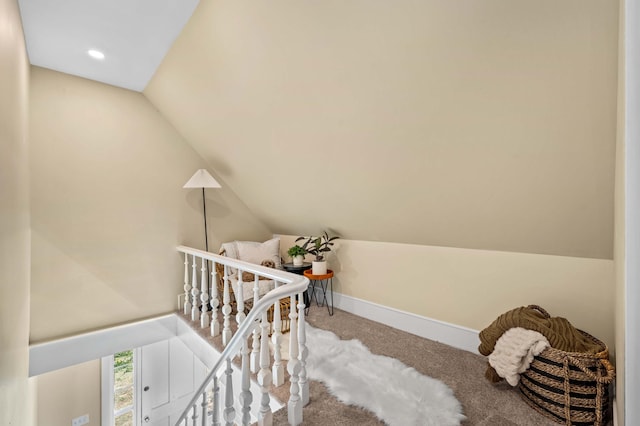 558 High St, West Gardiner, ME 04345 - staircase with carpet, lofted ceiling, baseboards, and recessed lighting