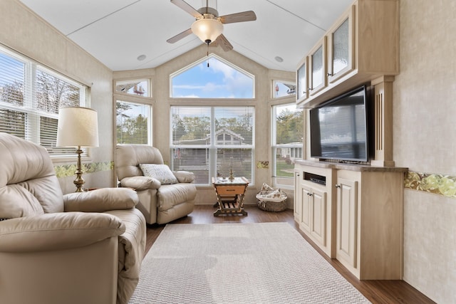 430 Post Rd Unit 139, Wells, ME 04090 - living room featuring wood finished floors, ceiling fan, lofted ceiling, and healthy amount of natural light
