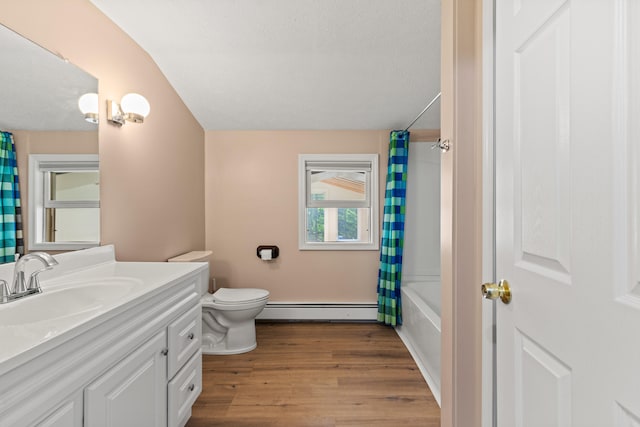 full bath with a baseboard radiator, toilet, wood finished floors, vanity, and shower / bath combination with curtain