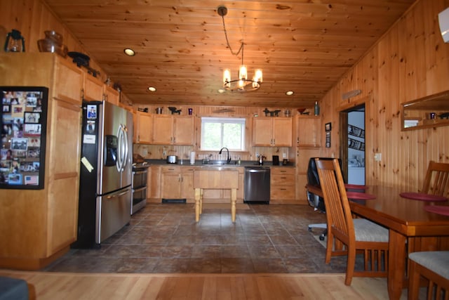 kitchen with stainless steel appliances, dark countertops, a sink, wooden ceiling, and a chandelier