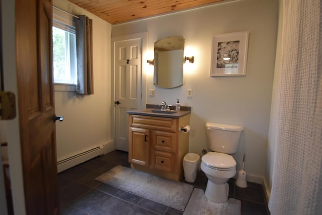 bathroom with a baseboard heating unit, wood ceiling, tile patterned floors, toilet, and vanity