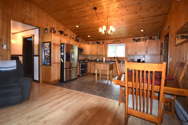 dining room with a chandelier, dark wood-style flooring, wood walls, and wooden ceiling