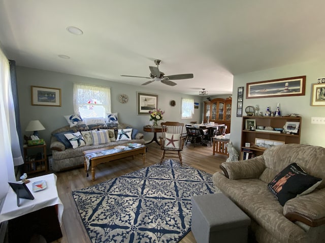 17 Canterbury Rd, Brewer, ME 04412 - living room with plenty of natural light, a ceiling fan, and wood finished floors