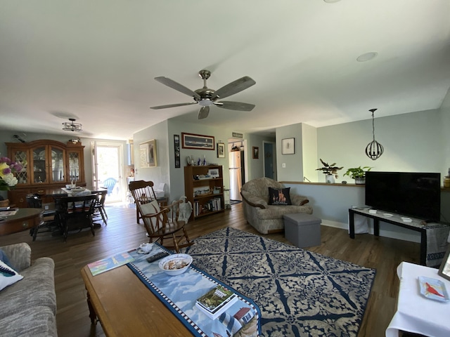17 Canterbury Rd, Brewer, ME 04412 - living room featuring wood finished floors, a ceiling fan, and baseboards
