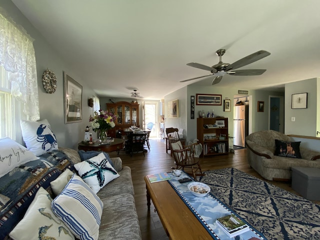 17 Canterbury Rd, Brewer, ME 04412 - living area featuring a ceiling fan and dark wood-style flooring