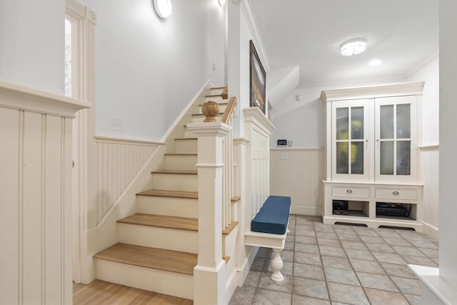 9 Edes Rd, Cumberland, ME 04021 - stairs with a wainscoted wall and ornamental molding