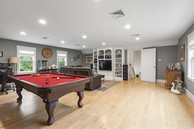 9 Edes Rd, Cumberland, ME 04021 - playroom with light wood-style floors, billiards, recessed lighting, and baseboards