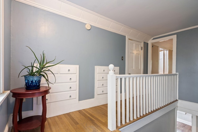 99 Spring St, Saco, ME 04072 - corridor with wood finished floors and an upstairs landing