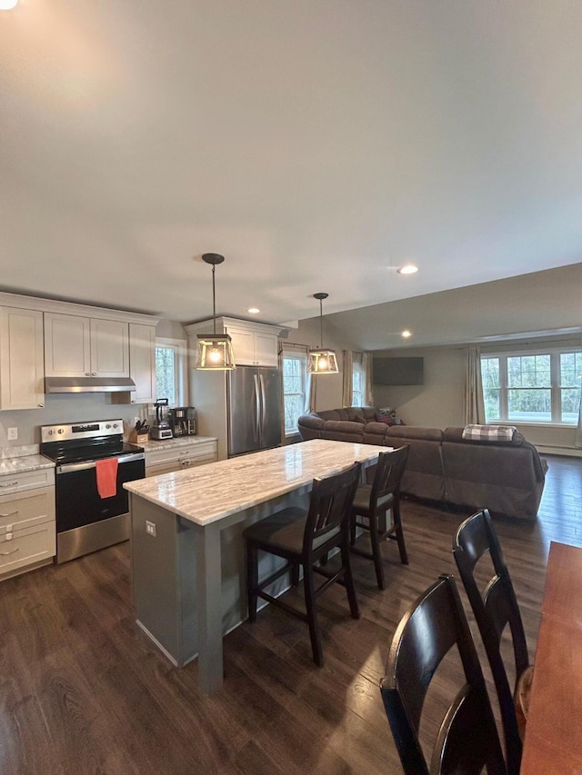284 Roosevelt Trl, Windham, ME 04062 - kitchen featuring appliances with stainless steel finishes, under cabinet range hood, plenty of natural light, dark wood finished floors, and recessed lighting