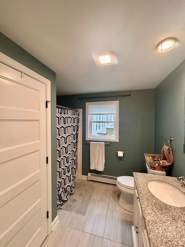 284 Roosevelt Trl, Windham, ME 04062 - full bath with baseboard heating, vanity, toilet, baseboards, and curtained shower