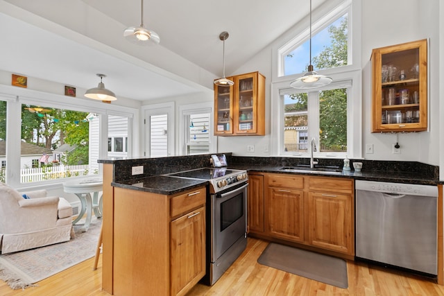 23 Amerescoggin Rd, Falmouth, ME 04105 - kitchen with appliances with stainless steel finishes, a sink, a peninsula, light wood-style floors, and glass insert cabinets