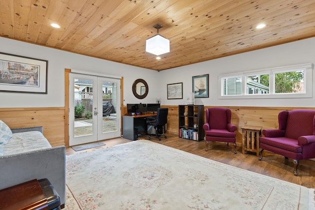 23 Amerescoggin Rd, Falmouth, ME 04105 - office with french doors, recessed lighting, wood finished floors, wainscoting, and wood ceiling