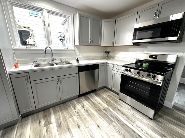 507 Waldo St, Rumford, ME 04276 - kitchen featuring stainless steel appliances, gray cabinetry, and a sink