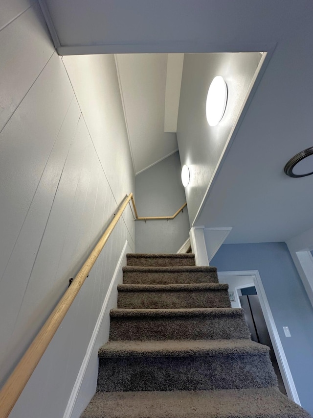 507 Waldo St, Rumford, ME 04276 - stairs featuring vaulted ceiling