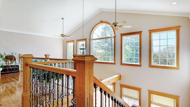 101 Parrott St, South Portland, ME 04106 - hallway featuring high vaulted ceiling, wood finished floors, an upstairs landing, and recessed lighting