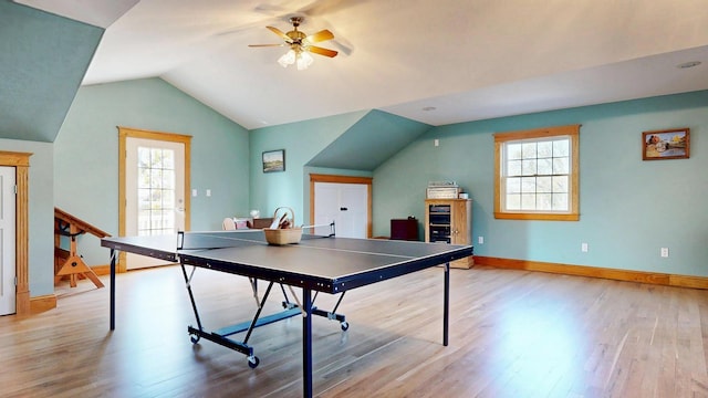 101 Parrott St, South Portland, ME 04106 - rec room with wood finished floors, lofted ceiling, a ceiling fan, and baseboards