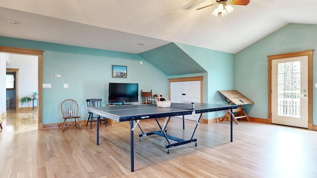101 Parrott St, South Portland, ME 04106 - rec room with vaulted ceiling, light wood finished floors, a ceiling fan, and baseboards