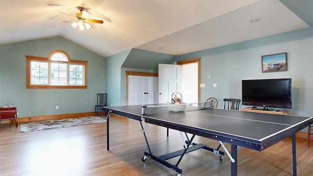 101 Parrott St, South Portland, ME 04106 - rec room with ceiling fan, vaulted ceiling, light wood-style floors, and baseboards