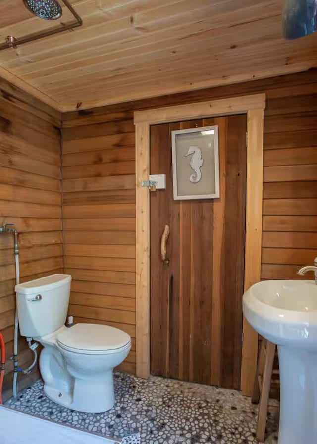 33 Latour St, Castine, ME 04421 - bathroom with wood ceiling, toilet, wooden walls, and a sink