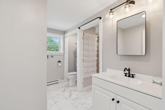 61 Granite St, Bath, ME 04530 - full bath featuring baseboard heating, toilet, vanity, marble look tiles, and baseboards