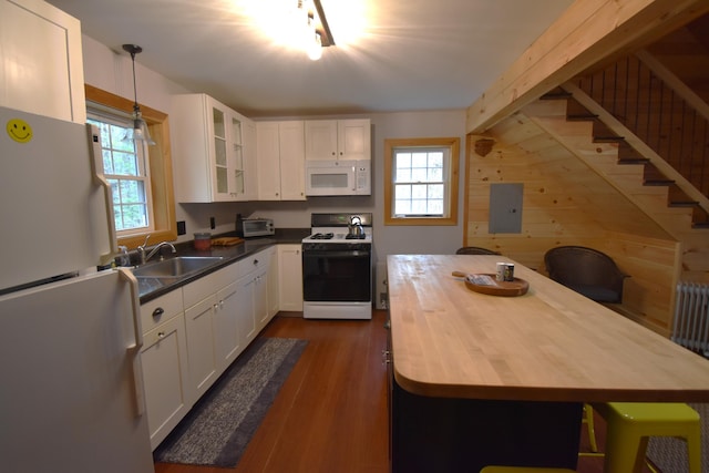 106 Shady Ln, Newport, ME 04953 - kitchen featuring white appliances, a sink, wooden counters, white cabinetry, and dark wood-style floors