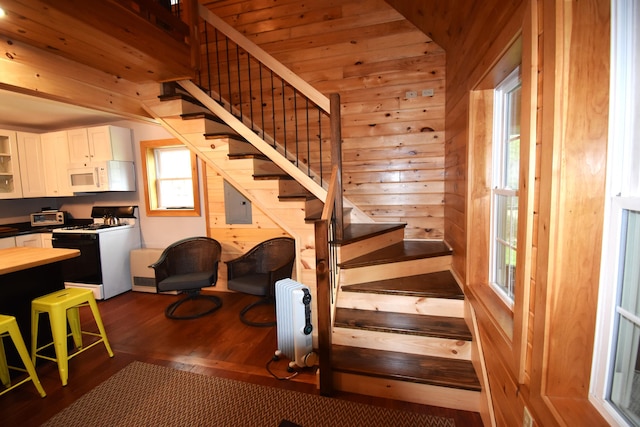 106 Shady Ln, Newport, ME 04953 - stairway with radiator, wood finished floors, wood walls, and electric panel