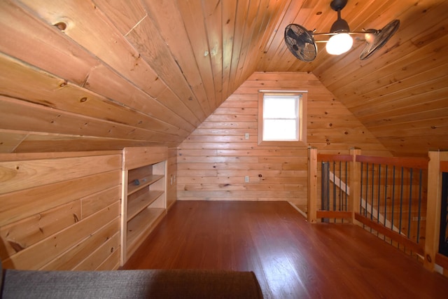 106 Shady Ln, Newport, ME 04953 - bonus room with wooden ceiling, lofted ceiling, hardwood / wood-style floors, wood walls, and a ceiling fan
