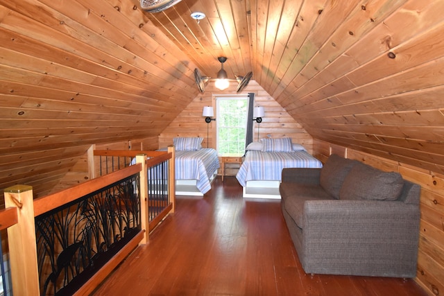 106 Shady Ln, Newport, ME 04953 - bedroom featuring wood walls, vaulted ceiling, wood-type flooring, and wooden ceiling