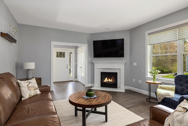 53 Ross Rd, Kennebunk, ME 04043 - living room with a premium fireplace, dark wood-style floors, and baseboards