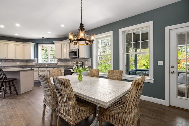 53 Ross Rd, Kennebunk, ME 04043 - dining space featuring a chandelier, healthy amount of natural light, dark wood-style floors, and recessed lighting