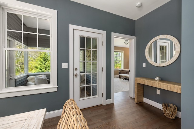 53 Ross Rd, Kennebunk, ME 04043 - doorway featuring baseboards and dark wood-style floors