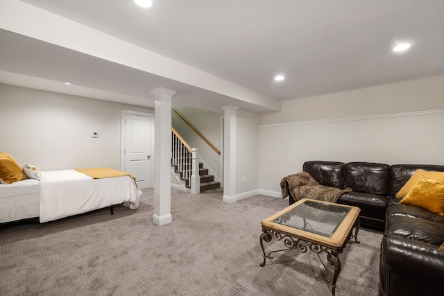 53 Ross Rd, Kennebunk, ME 04043 - living area featuring recessed lighting, carpet flooring, baseboards, and stairway
