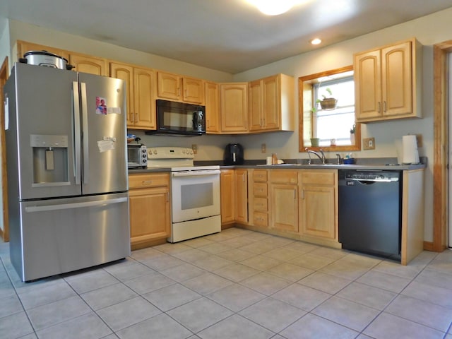 9 Hidden Dr, New Gloucester, ME 04260 - kitchen with stainless steel fridge, black microwave, dishwashing machine, white electric stove, and light brown cabinetry