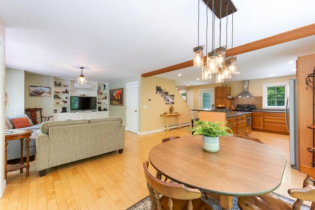 400 Chopps Cross Rd, Woolwich, ME 04579 - dining room featuring baseboard heating, light wood-type flooring, recessed lighting, a chandelier, and baseboards