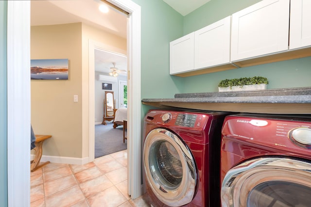 400 Chopps Cross Rd, Woolwich, ME 04579 - washroom featuring washer and dryer, cabinet space, light tile patterned floors, baseboards, and ceiling fan