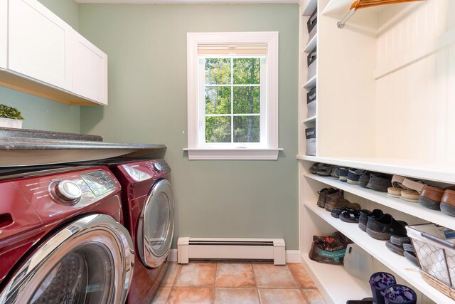 400 Chopps Cross Rd, Woolwich, ME 04579 - washroom with baseboard heating, separate washer and dryer, cabinet space, light tile patterned floors, and baseboards