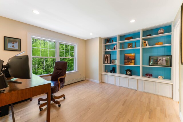400 Chopps Cross Rd, Woolwich, ME 04579 - home office with wood finished floors, baseboards, built in features, recessed lighting, and baseboard heating
